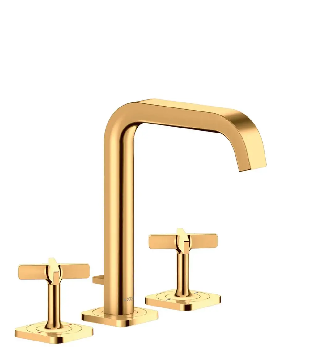 Waschtischarmatur von AXOR, 3-Loch-Design mit zwei Griffen und einem hohen, geschwungenen Auslauf in Polished Gold Optic. Minimalistische Bauweise mit quadratischen Rosetten.